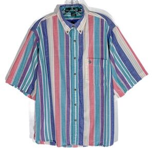 Vintage Knights of Round Table Button Up Shirt Striped Mens Medium Short Sleeve